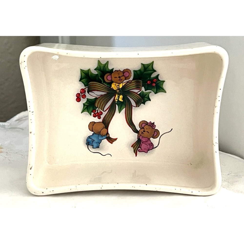 Vtg Christmas Covered Candy Dish w/Mice Glitter Handmade Kitsch Ceramic 1980's - Picture 4 of 12